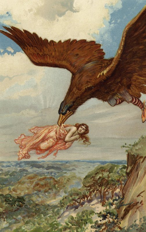 Thjassi, jättiläinen, lensi kotkan höyhenpuvussaan alas ja nappasi Idunan (chromolitho) tekijältä Gordon Frederick Browne