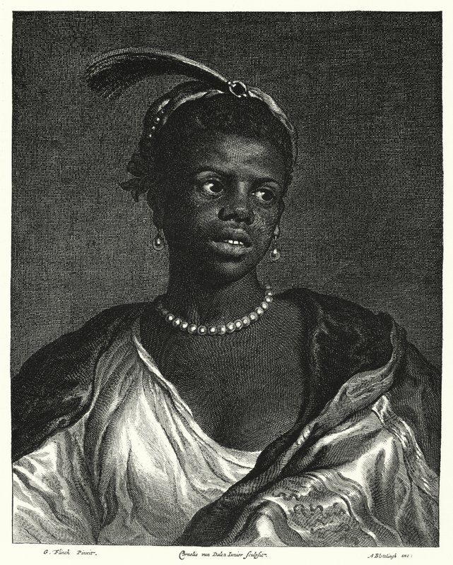 Mustan naisen muotokuva (kaiverrus) tekijältä Govaert (after) Flinck