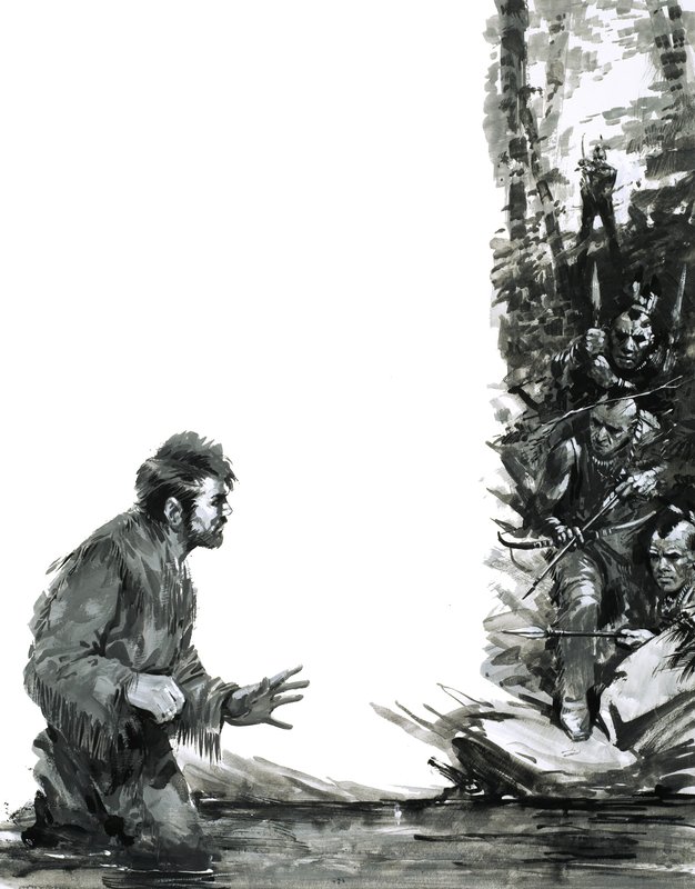 Intiaanit uhkaavat Alexander Mackenzietä, kun hän kahlaa joen halki. tekijältä Graham Coton