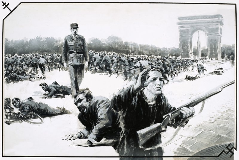 Charles de Gaulle kävelee voittokävelyllä Champs Elysses -katua pitkin Pariisin vapautuksen aikana. tekijältä Graham Coton
