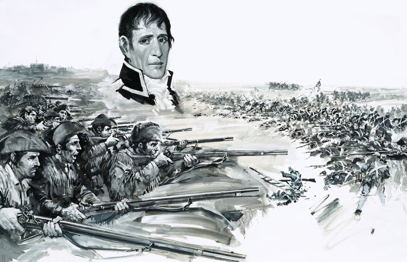 Kenraali Andrew Jacksonin muotokuva kuvan yläpuolella, joka kuvaa brittien tappiota New Orleansissa vuonna 1815. tekijältä Graham Coton
