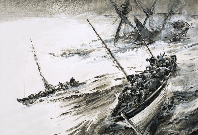 Tunnistamaton haaksirikko, jossa pelastusveneet pakenevat myrskyävään merenkäyntiin. tekijältä Graham Coton