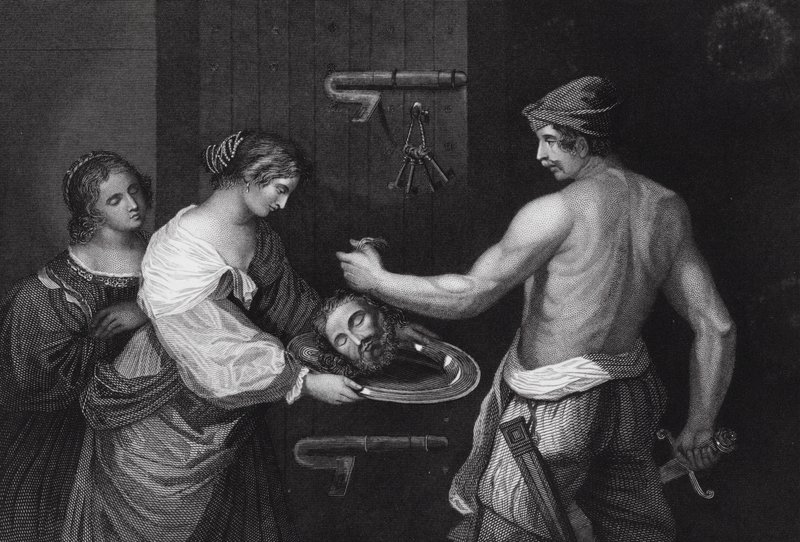 Johannes Kastajan pää tuotiin laturissa, Matteus, XIV luku, vs. 6. tekijältä Guercino (1591-1666) (after)
