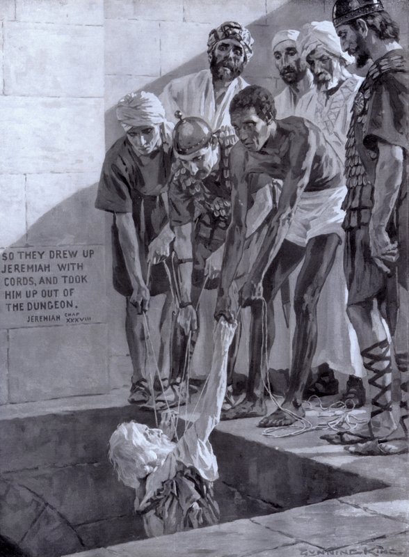 Jeremia nostettiin ulos kaivosta, johon hänet heitettiin kuningas Sidkian ruhtinaiden (litho) neuvojen mukaan. tekijältä Gunning King