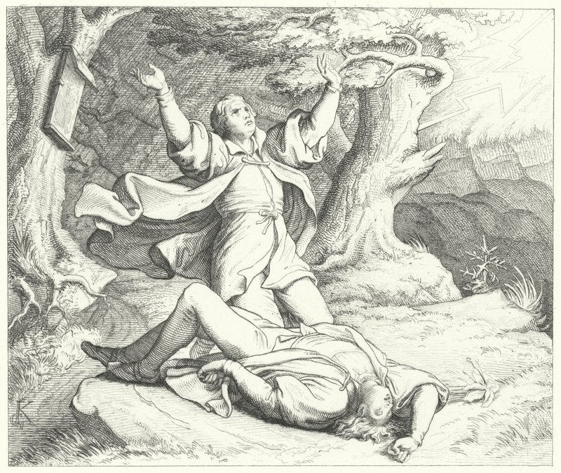 Alexis, Martin Lutherin ystävä, salaman iskettyä häneen heidän matkansa aikana, 1505 tekijältä Gustav Ferdinand Leopold Konig