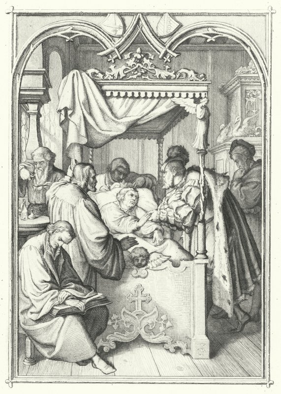 John, Saksin vaaliruhtinas, vierailee Martin Lutherin luona sairaalassa (kaiverrus) tekijältä Gustav Ferdinand Leopold Konig