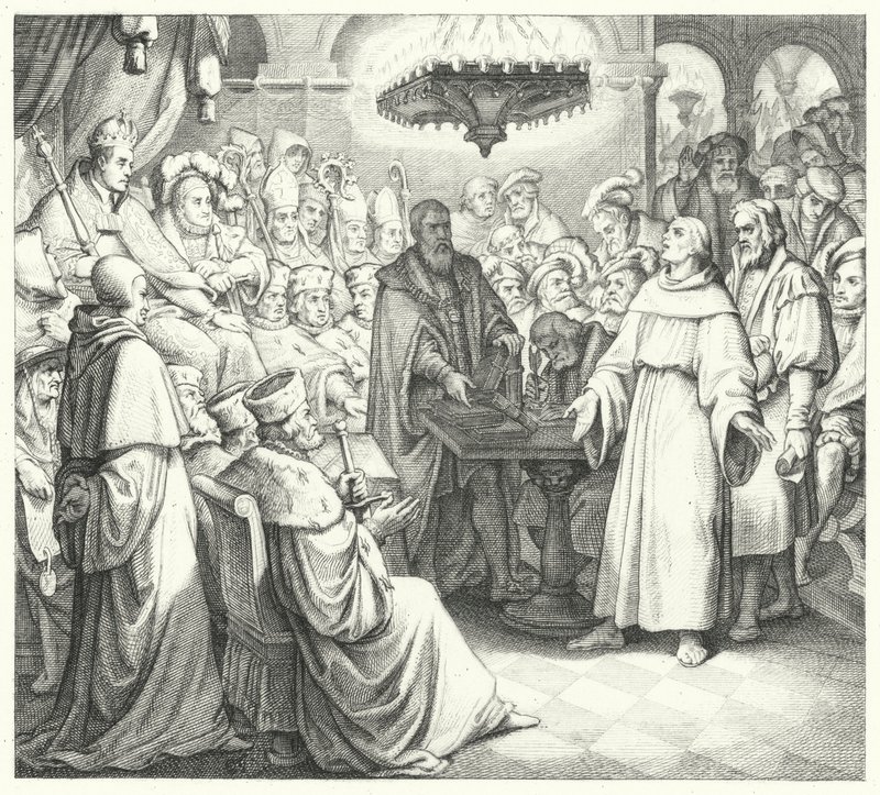 Martin Luther esiintyy keisari Kaarle V:n edessä Wormsin valtiopäivillä (kaiverrus) tekijältä Gustav Ferdinand Leopold Konig