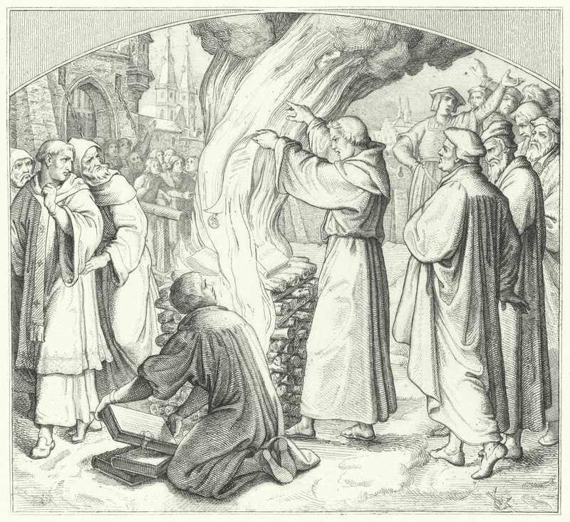 Martti Luther polttaa paavin bullan Wittenbergissä, 1520 tekijältä Gustav Ferdinand Leopold Konig