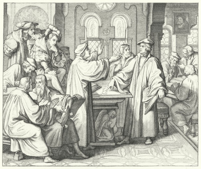 Martin Luther keskustelee sakramentista Huldrych Zwinglin kanssa (kaiverrus) tekijältä Gustav Ferdinand Leopold Konig
