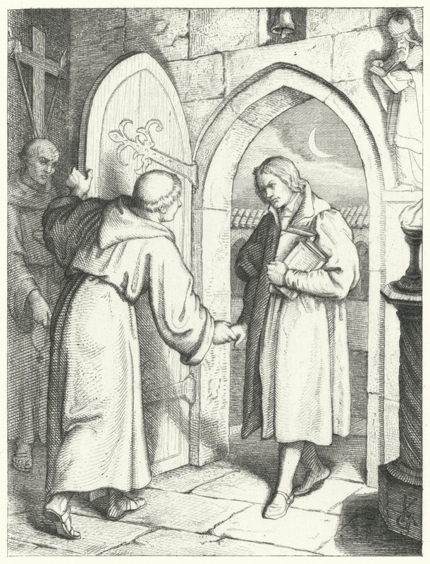 Martti Luther astui Pyhän Augustinuksen luostariin Erfurtissa 17. heinäkuuta 1505 tekijältä Gustav Ferdinand Leopold Konig