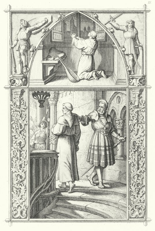 Martin Luther rukouksessa valmistautuessaan Wormsin valtiopäiviin (ylhäällä). Georg von Frundsberg rohkaisee Martin Lutheria (alhaalla) (kaiverrus) tekijältä Gustav Ferdinand Leopold Konig