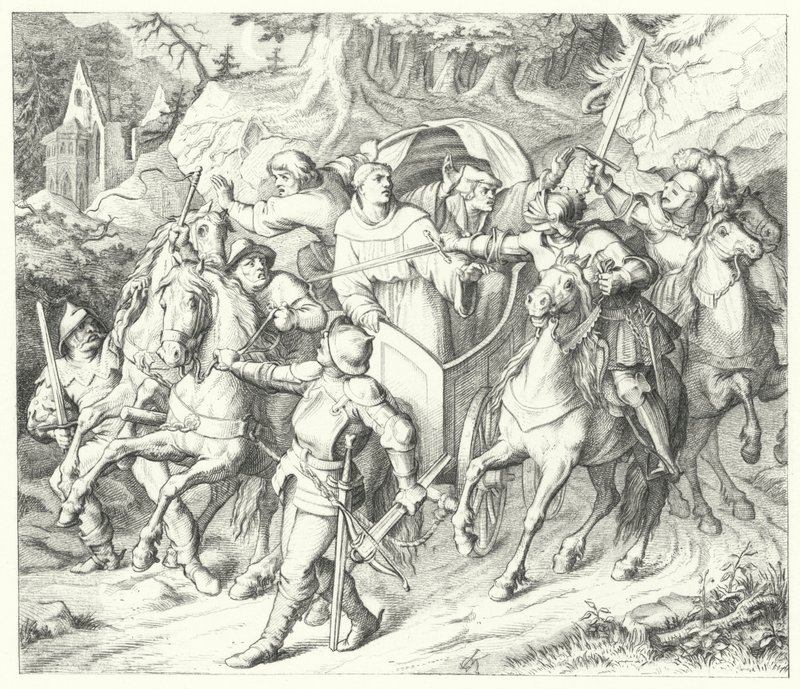 Martin Luther siepataan hänen palattuaan Wormsin valtiopäiviltä vuonna 1521 tekijältä Gustav Ferdinand Leopold Konig