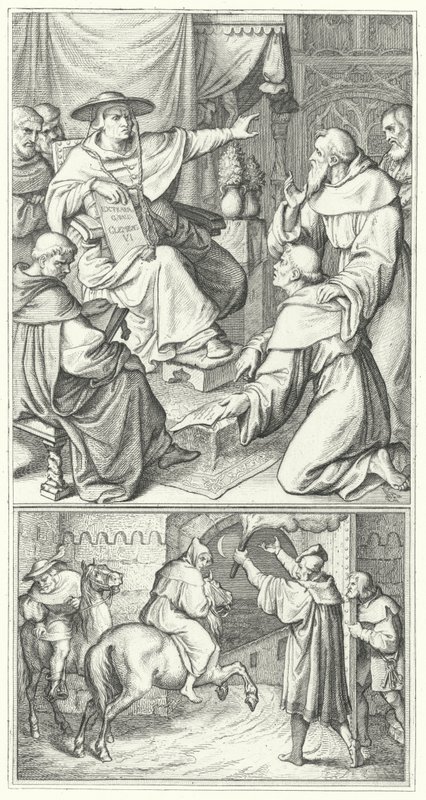 Martin Luther jättää paavin legaatin Wittenbergissä Thomas Cajetanin (ylhäällä). Martin Luther lähtee Augsburgin kaupungista (alhaalla) (kaiverrus) tekijältä Gustav Ferdinand Leopold Konig