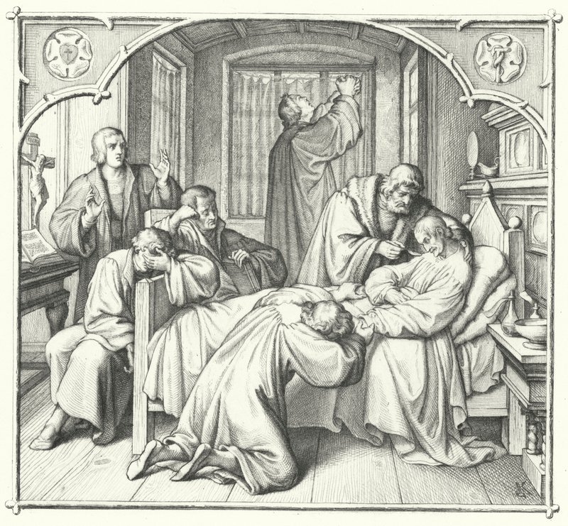 Martti Luther rukoilee Philip Melanchthonin kuolinvuoteella (kaiverrus) tekijältä Gustav Ferdinand Leopold Konig