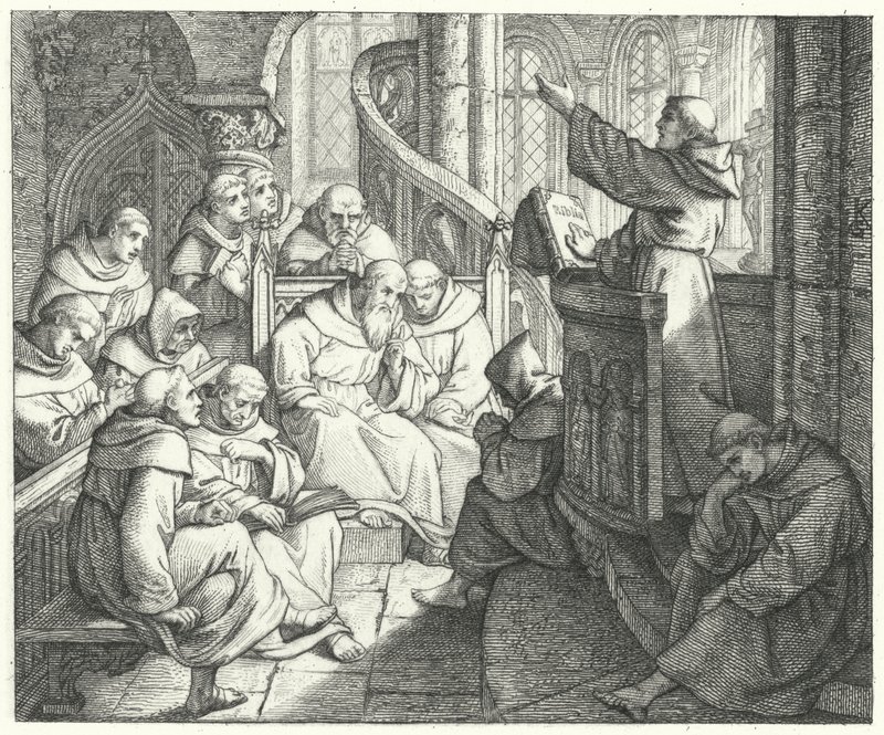 Martti Luther saarnaa Johann von Staupitzille ja muille munkeille luostarissa (kaiverrus) tekijältä Gustav Ferdinand Leopold Konig