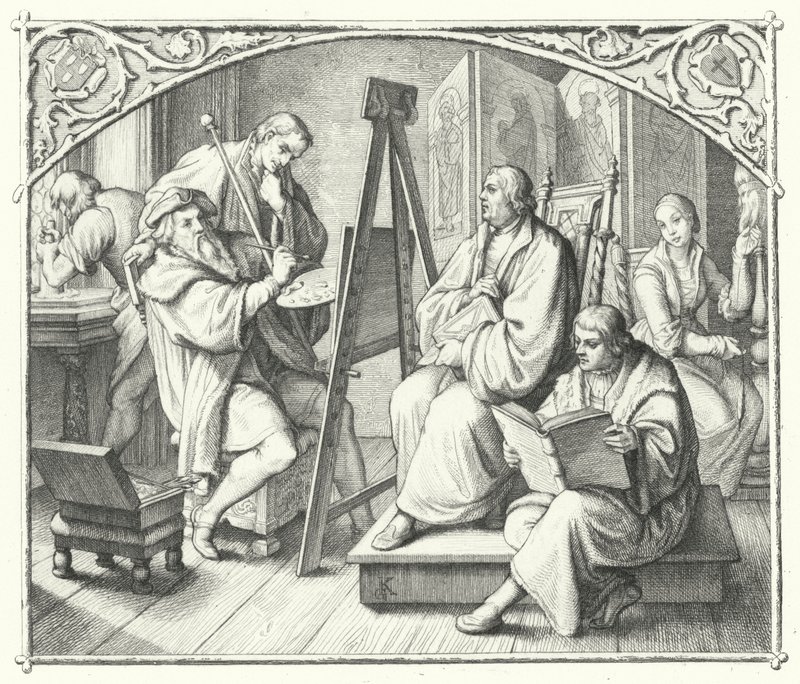 Martin Luther istuu Lucas Cranach vanhemman maalauksen ääressä (kaiverrus) tekijältä Gustav Ferdinand Leopold Konig