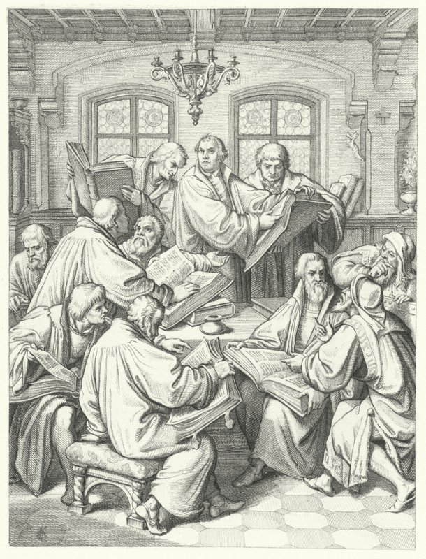 Martin Luther kääntää Raamatun saksaksi (kaiverrus) tekijältä Gustav Ferdinand Leopold Konig