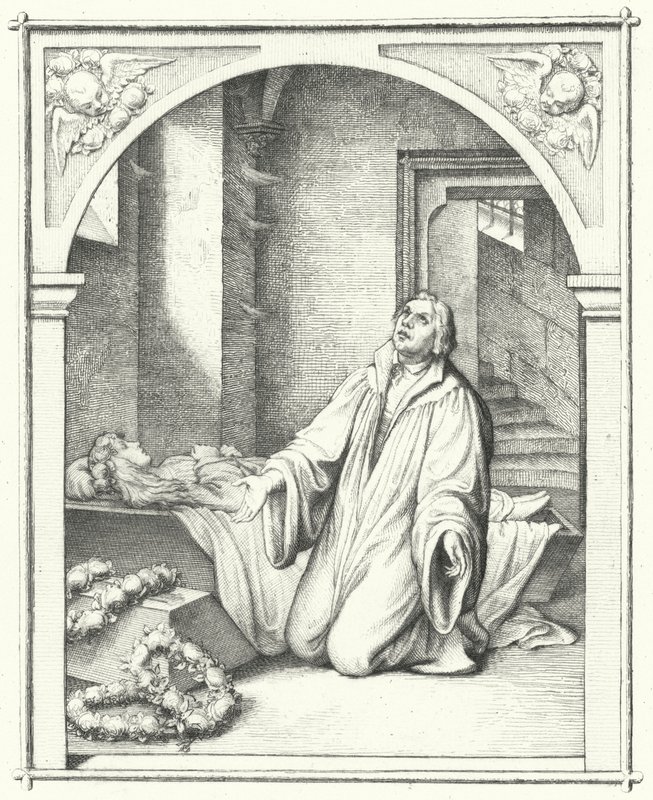 Martti Luther tyttärensä Magdalenan ruumiin kanssa, 1542 tekijältä Gustav Ferdinand Leopold Konig
