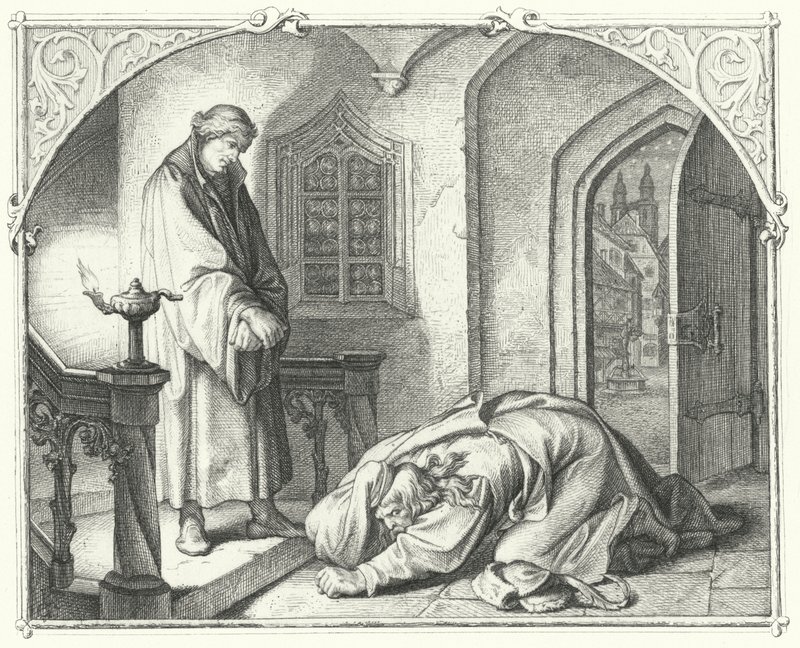 Martin Luther kauppias Hans Kohlhasen kanssa (kaiverrus) tekijältä Gustav Ferdinand Leopold Konig