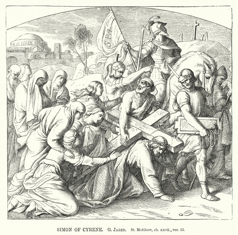 Simon Kyrenelainen, St Matthew, ch xxvii, ver 32 (kaiverrus) tekijältä Gustav Jager