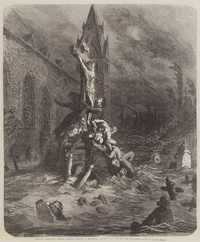 Ranskalaiset talonpojat suojautumassa krusifiksin ympärille tekijältä Gustave Dore