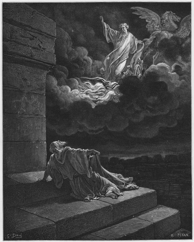 Gustave Dore Raamattu: Elia nostettiin taivaaseen tulivaunuissa tekijältä Gustave Dore