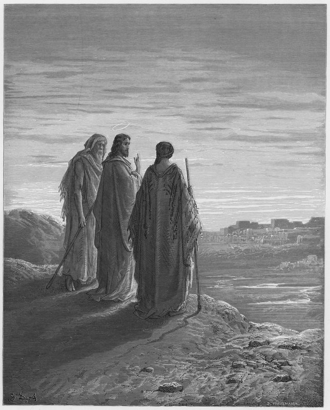 Gustave Dore Raamattu: Jeesus ja opetuslapset matkalla Emmaukseen tekijältä Gustave Dore