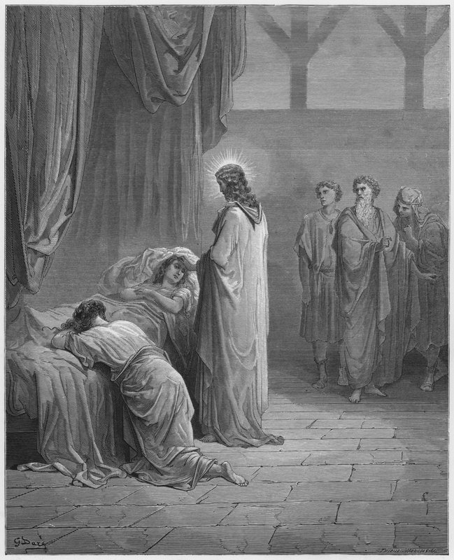 Gustave Dore Raamattu: Jeesus kasvattaa Jairuksen tytärtä tekijältä Gustave Dore