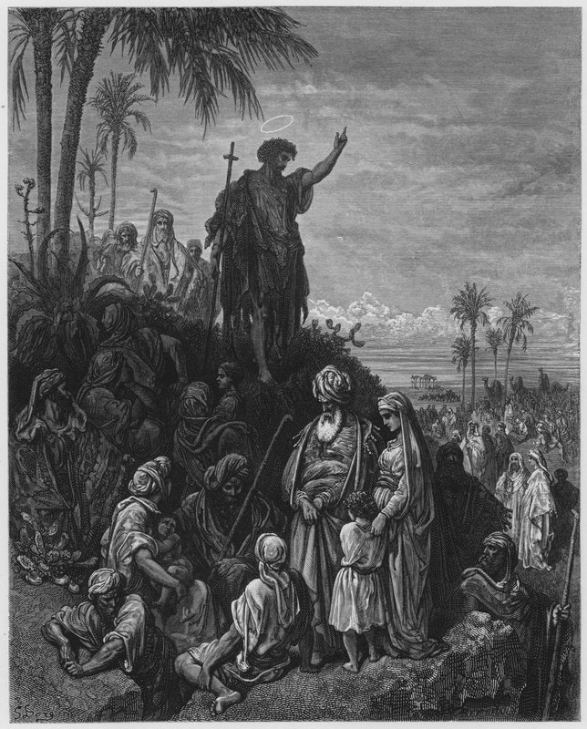 Gustave Dore Raamattu: Johannes Kastaja saarnaamassa erämaassa tekijältä Gustave Dore