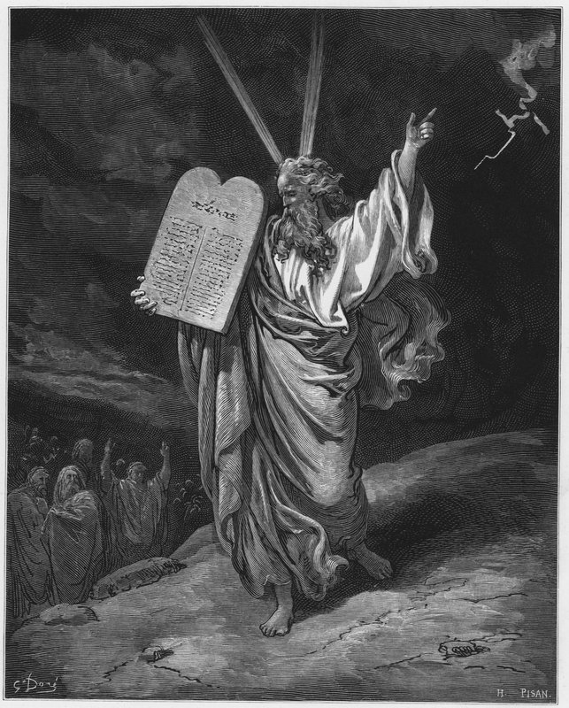 Gustave Dore Raamattu: Mooses laskeutumassa Siinain vuorelta tekijältä Gustave Dore
