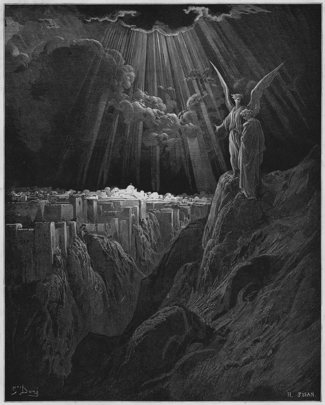 Gustave Dore Raamattu: Enkeli näyttää Jerusalemin raunioina S Johnille tekijältä Gustave Dore