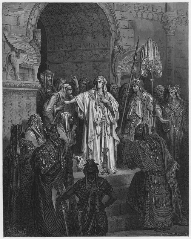 Gustave Dore Raamattu: Kuningatar Vashti kieltäytyy tottelemasta Ahasveruksen käskyä tekijältä Gustave Dore