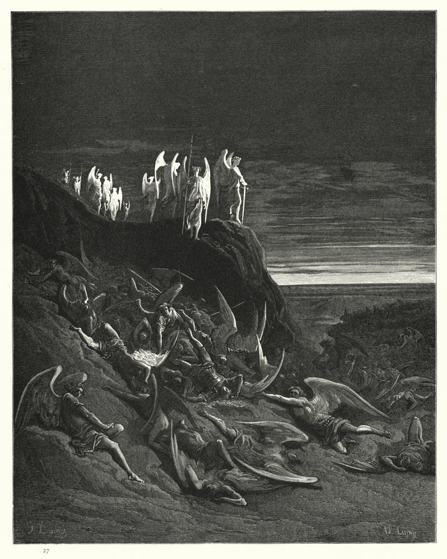 Gustave Doren kuvitus Miltons Paradise Lost -kirjalle VI, rivit 410-412 tekijältä Gustave Dore