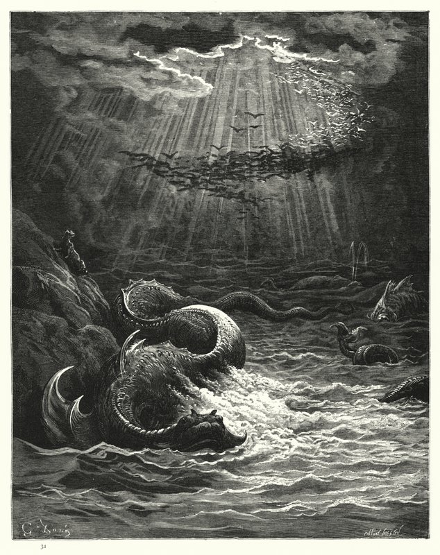 Gustave Doren kuvitus Miltons Paradise Lost -kirjalle VII, rivit 387-389 tekijältä Gustave Dore