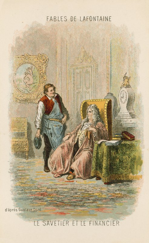 Suutarit ja rahoittaja (chromolitho) tekijältä Gustave Dore