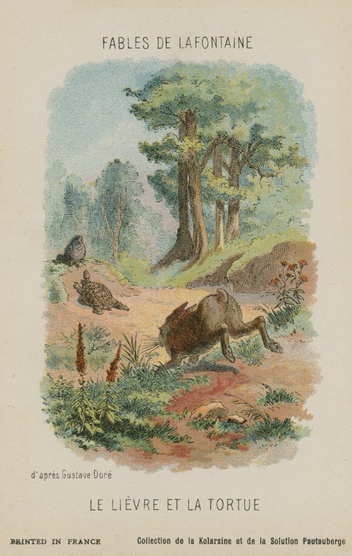 Kilpikonna ja jänis (chromolitho) tekijältä Gustave Dore