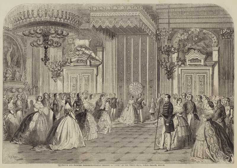 Prinssi ja prinsessa Frederick-William pitävät Couria Valkoisessa salissa, Kuninkaanlinnassa Berliinissä tekijältä Gustave Janet