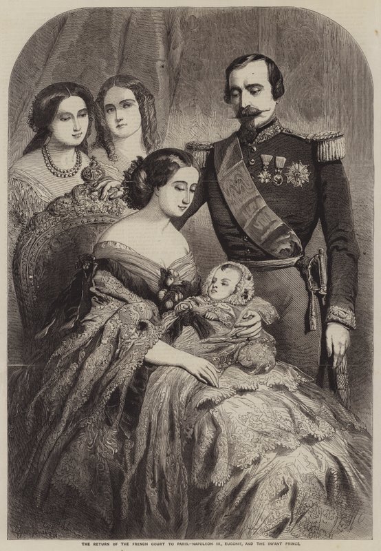 Ranskalaisen hovin paluu Pariisiin, Napoleon III, Eugenie ja pieni prinssi tekijältä Gustave Janet