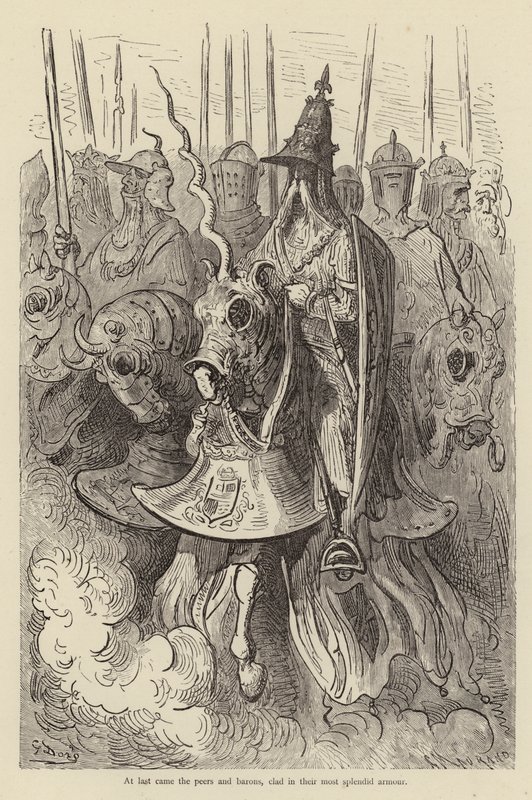 Viimein saapuivat kuninkaalliset ja paronit, pukeutuneina loistavimpiin haarniskoihinsa. tekijältä Gustave after Dore