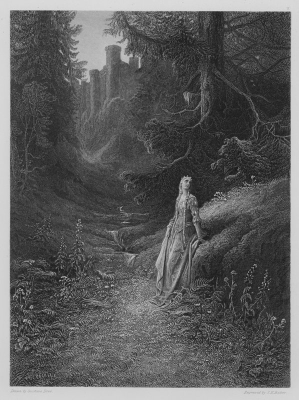 Elaine matkalla Lancelotin luolaan tekijältä Gustave after Dore