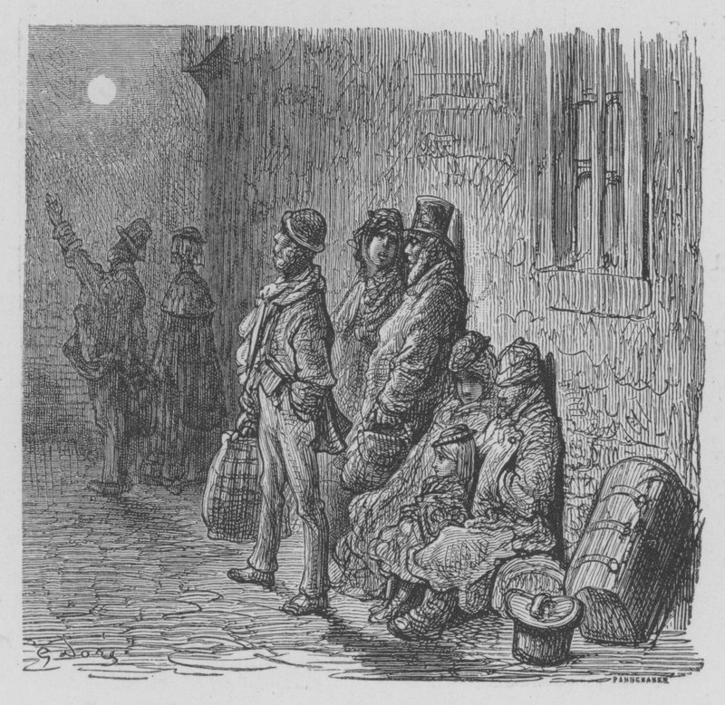 Ulkomaalaiset saapuvat Lontooseen Derbyn aattona tekijältä Gustave after Dore