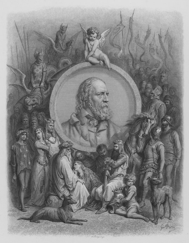Etukuva, Tennysonin muotokuva ja hahmoja Idylleistä. tekijältä Gustave after Dore