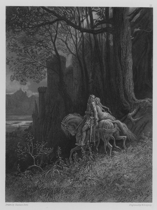 Geraint ja Enid ratsastavat pois tekijältä Gustave after Dore