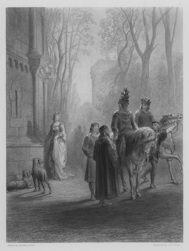 Lancelot jättää hyvästit Elainelle tekijältä Gustave after Dore