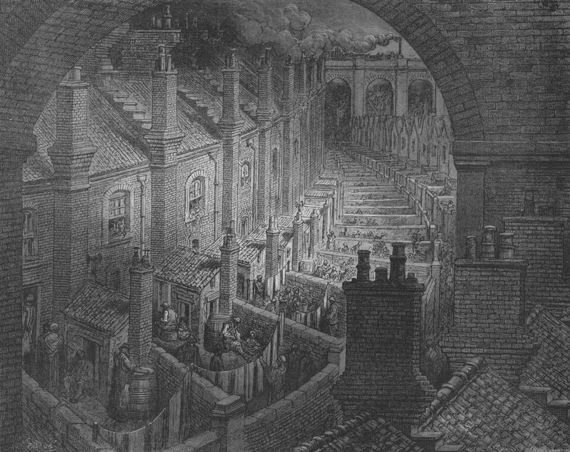 Lontoo, Näkymä rautatieltä kattojen yli tekijältä Gustave after Dore