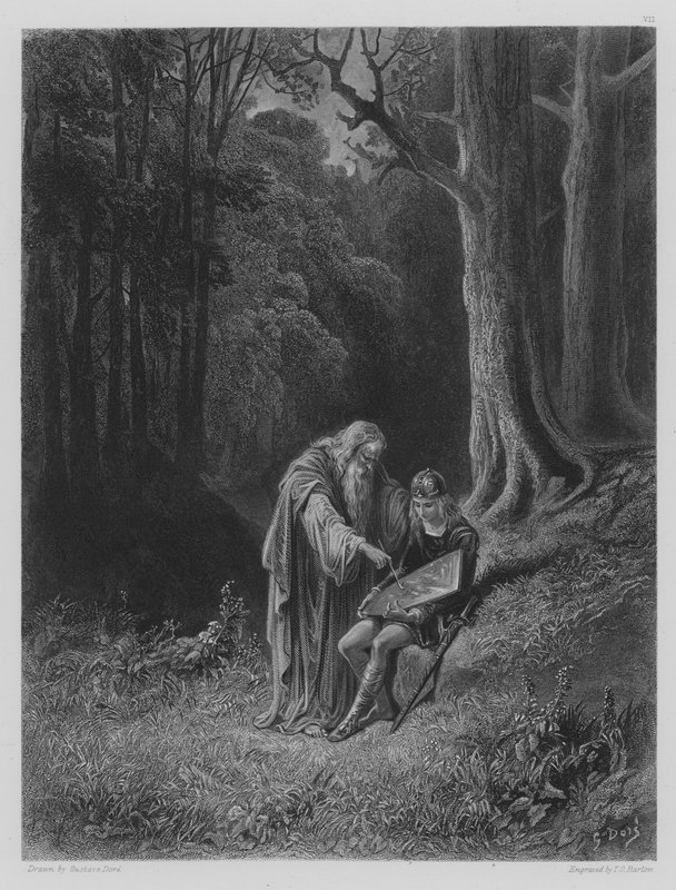 Merlin maalaa nuorten ritarien kilven tekijältä Gustave after Dore