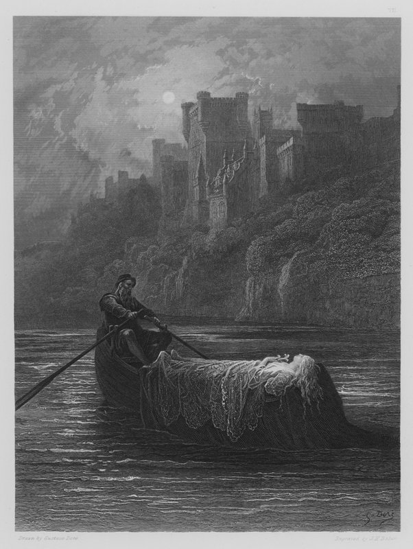 Elainen ruumis matkalla kuningas Arthurin palatsiin. tekijältä Gustave after Dore