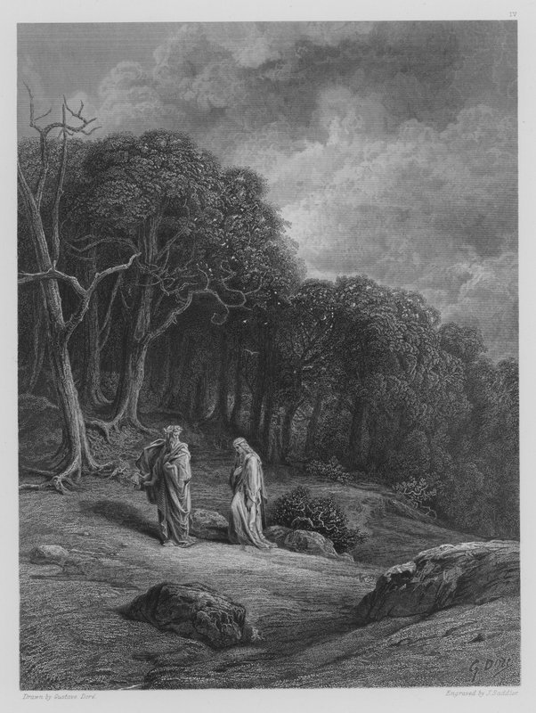 Vivien ja Merlin astuvat metsään tekijältä Gustave after Dore