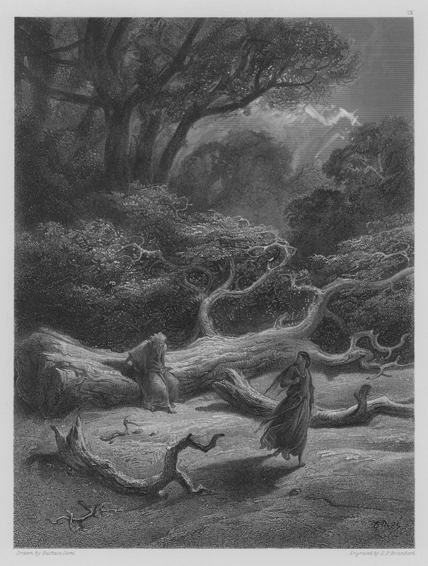Vivien sulkee Merlinin puun sisään. tekijältä Gustave after Dore