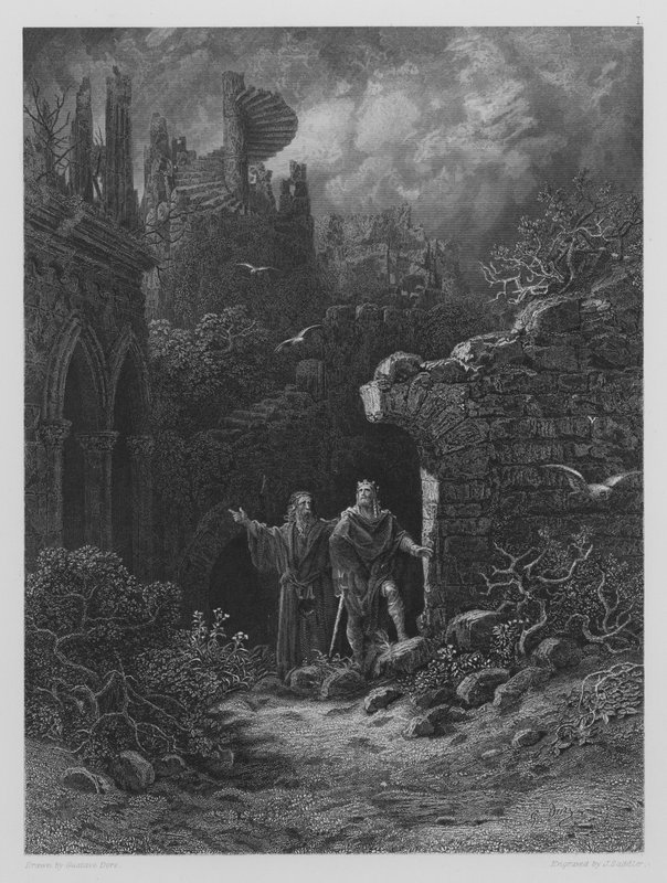 Yniol näyttää prinssi Geraintille raunioituneen linnansa tekijältä Gustave after Dore